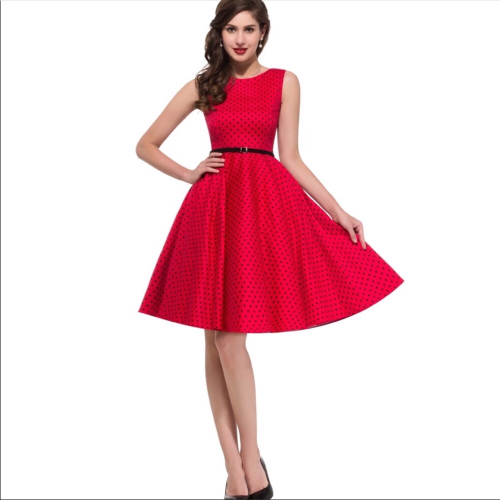 Grace Karin retro red & polka dot high waist dress Sz Med